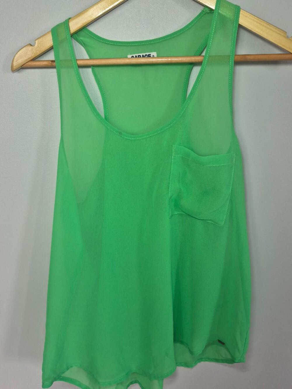 Garage Women’s Sheer Green Tank Top Small Racerback Pocket Sleeveless Blouse